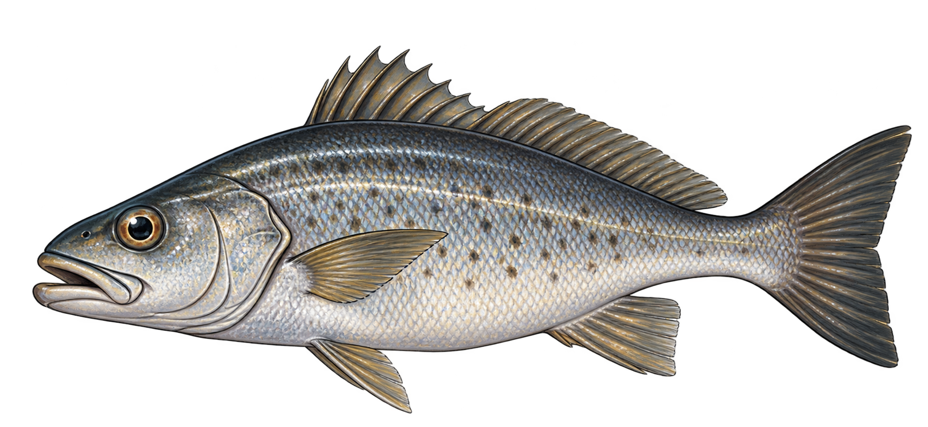 Spotted silver croaker hanging from the rail by its tail