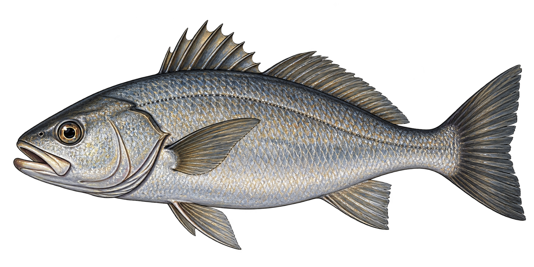 Silver fish hanging from the rail by its tail